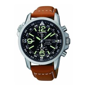 Seiko SSC081 Prospex Solar Brown Leather Black Dial Men's Chronograph Compass Watch