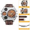 Men's Quartz Watch Two Time Zone Big Face Military Style Compass Thermometer Decorative Dial PU Leather Strap