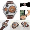 Men's Quartz Watch Two Time Zone Big Face Military Style Compass Thermometer Decorative Dial PU Leather Strap