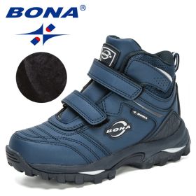 BONA 2020 New Designers Plush Snow Boots Children Sport Sneakers Terkking Boots Kids Hiking Mountain Climbing Camping Footwear (Color: Deep blue S gray, size: 3.5)