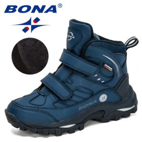 BONA 2020 New Designers Outdoor Snow Boots Boys Girls Plush Sneakers Terkking Boots Children Hiking Mountain Climbing Camping (Color: Deep blue S gray, size: 4.5)