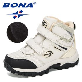 BONA 2020 New Designers Plush Snow Boots Children Sport Sneakers Terkking Boots Kids Hiking Mountain Climbing Camping Footwear (Color: Light beige black, size: 4)