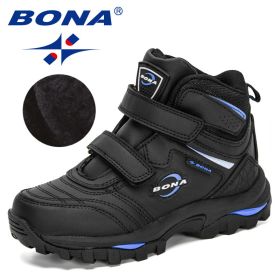 BONA 2020 New Designers Plush Snow Boots Children Sport Sneakers Terkking Boots Kids Hiking Mountain Climbing Camping Footwear (Color: Charcoal grey R blue, size: 3.5)